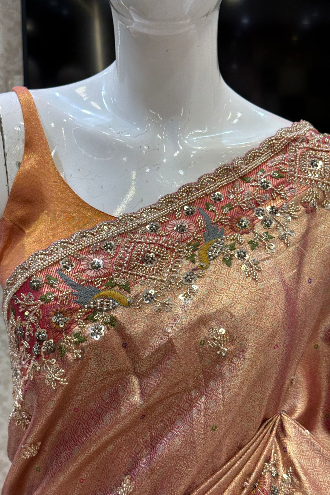 Copper Rose Gold Saree Featuring Banaras, Sequins and Beads work
