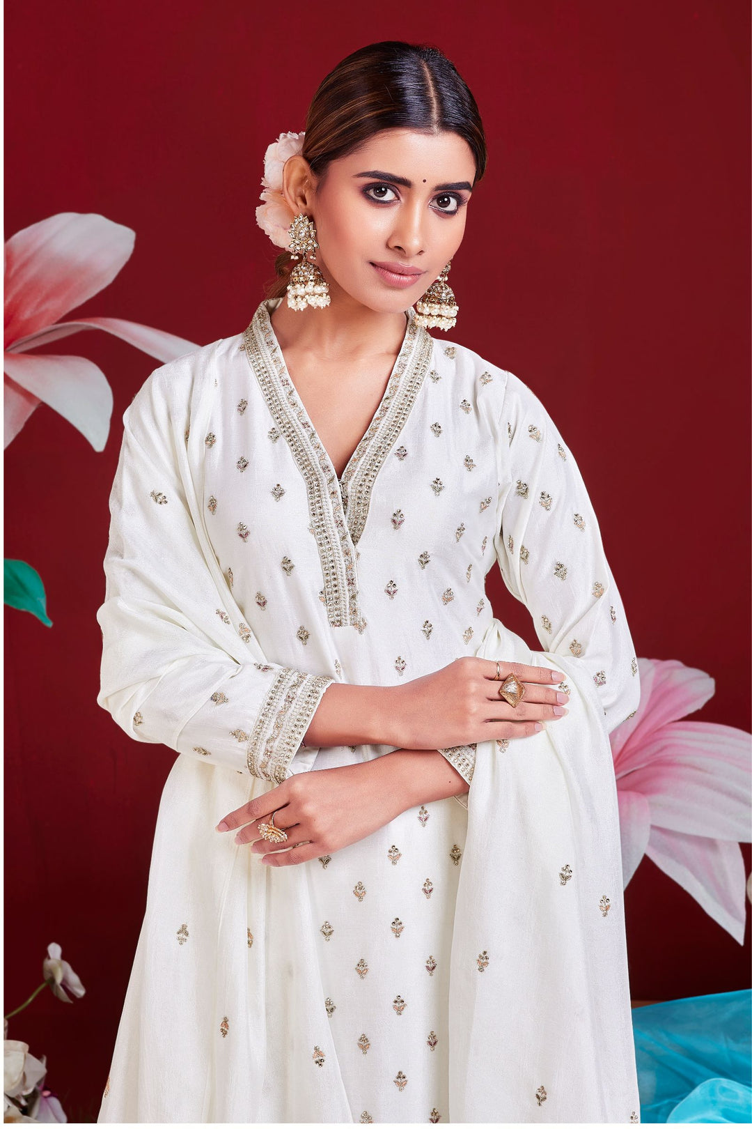 Cream Stone, Thread and Zari work Straight Cut Salwar Suit