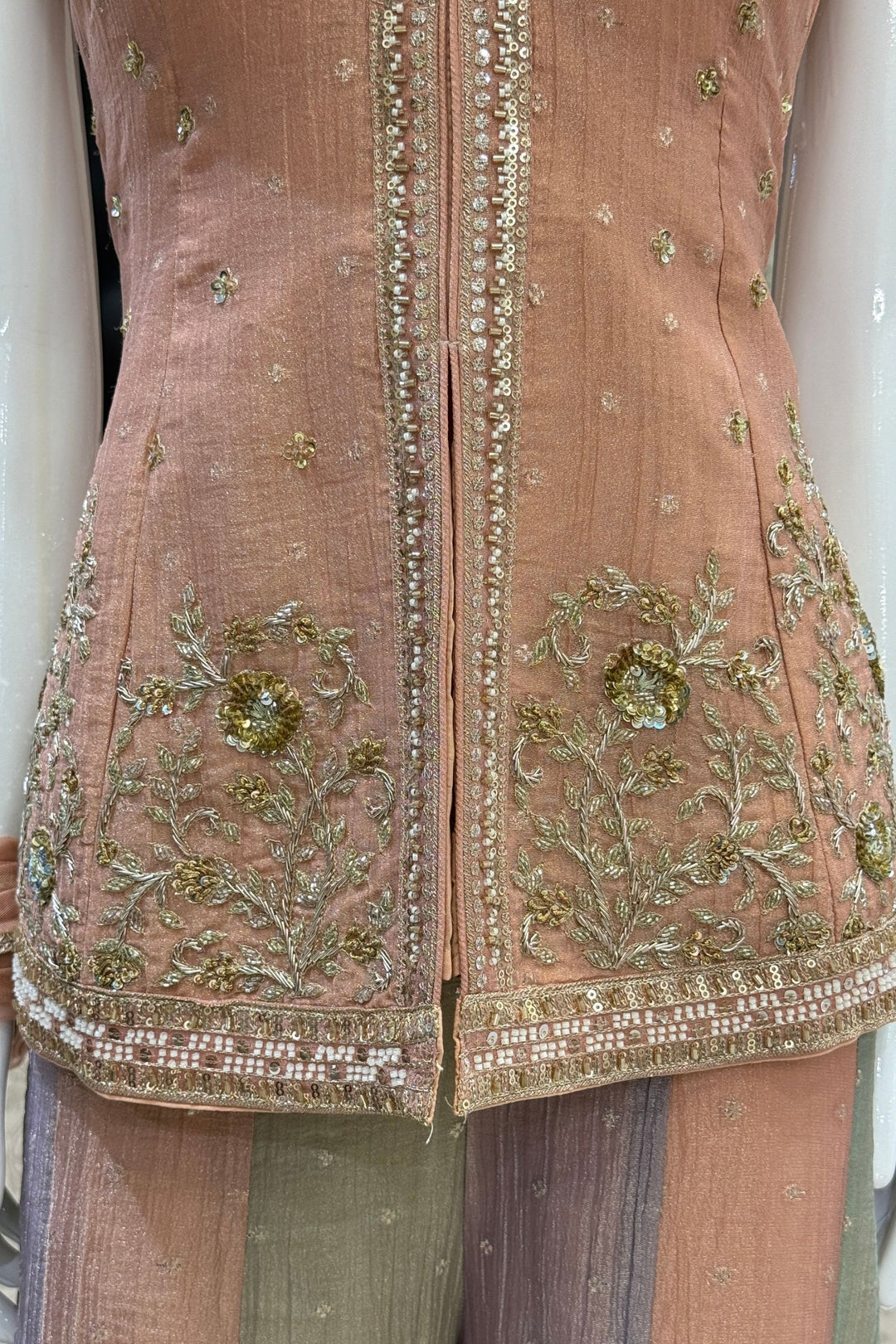Peach Halter Neck Palazzo Salwar Suit with Zardozi, Beads, Sequins and Zari Detailing