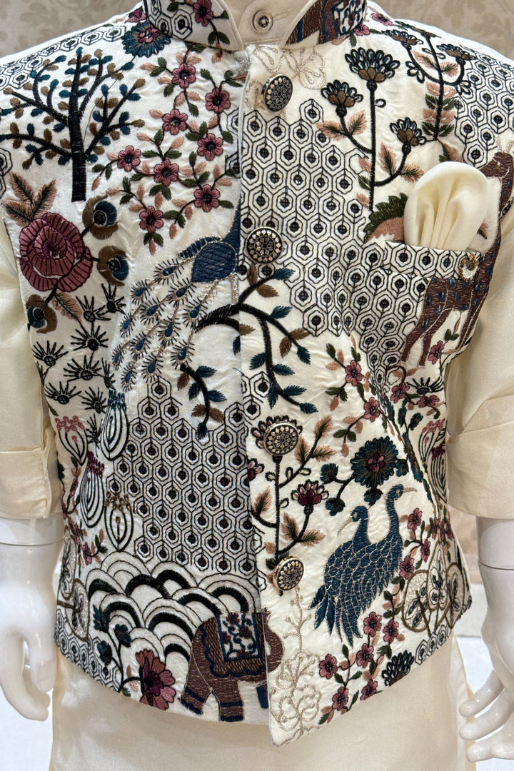 Cream Sequins, Zari and Embroidery work Waist Coat Kurta Set for Boys