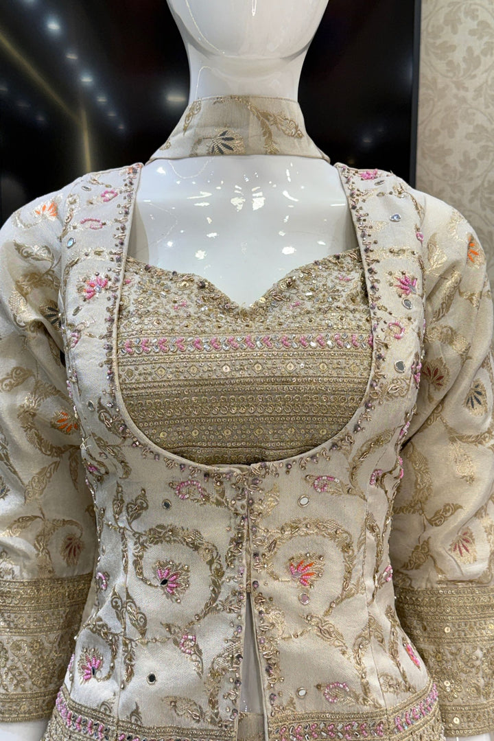 Cream Palazzo Set with Beads, Sequins and Zari work with Choker Dupatta