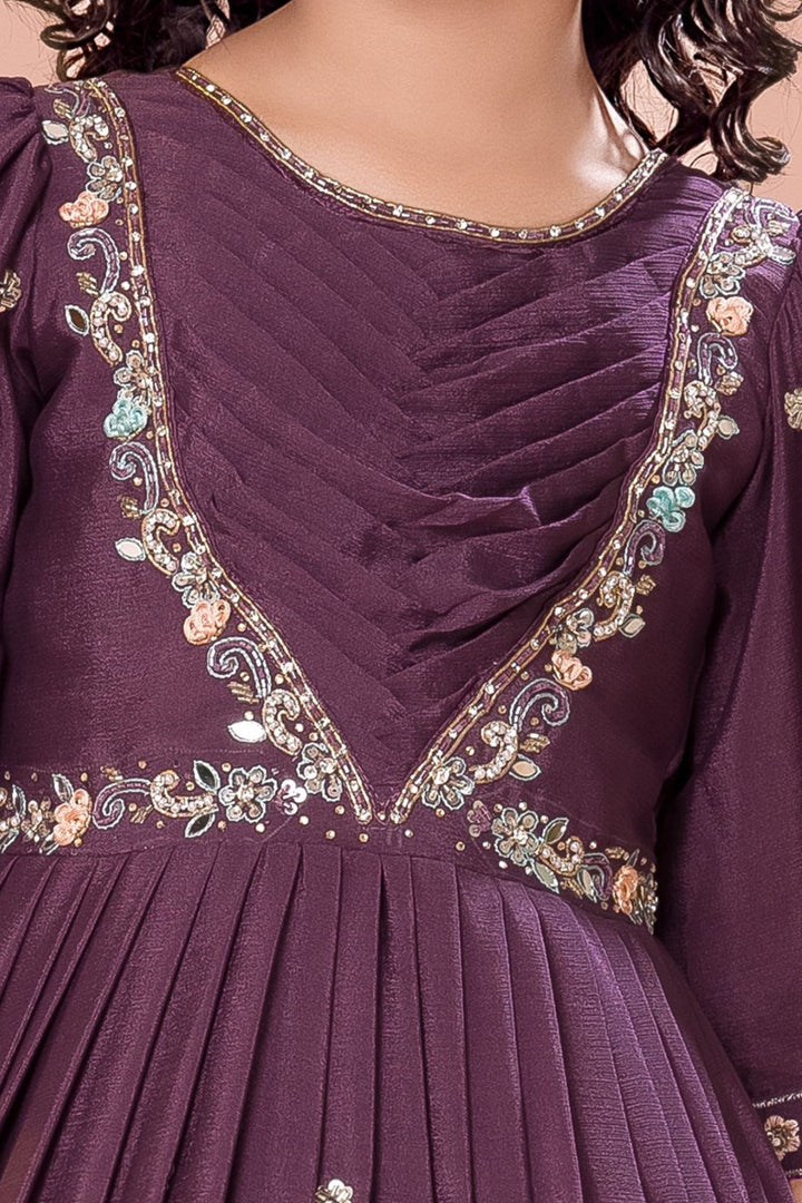 Purple Beads, Sequins, Zari, Mirror and Multicolor Thread work Long Party Gown for Girls