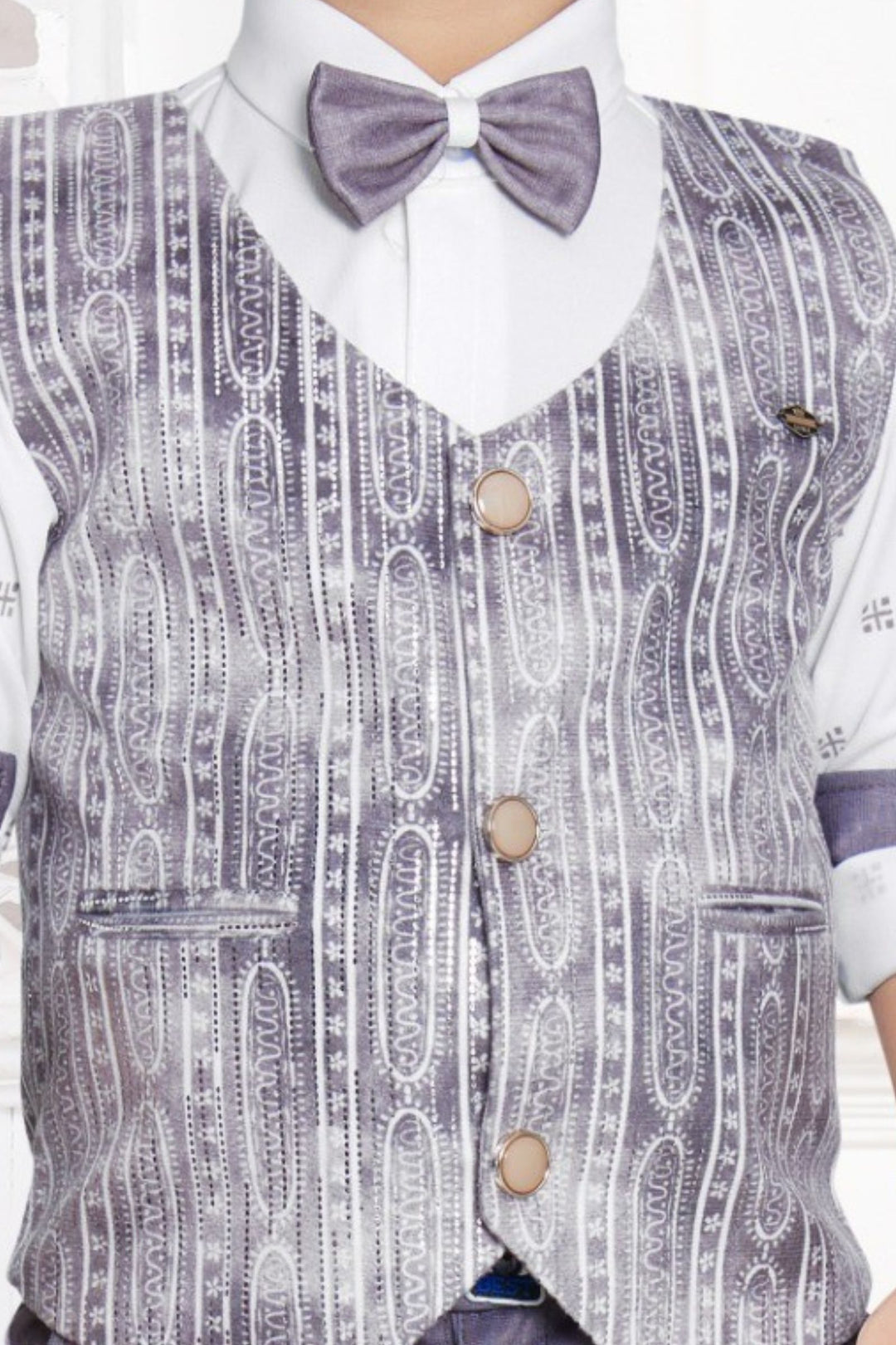 White with Light Purple Printed Waist Coat, Shirt and Suspender Style Pant Set for Boys