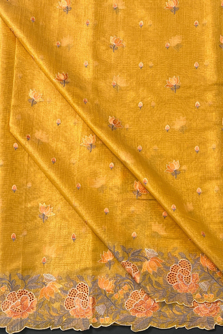 Yellow Tissue Saree with Cutwork and Floral Embroidery work