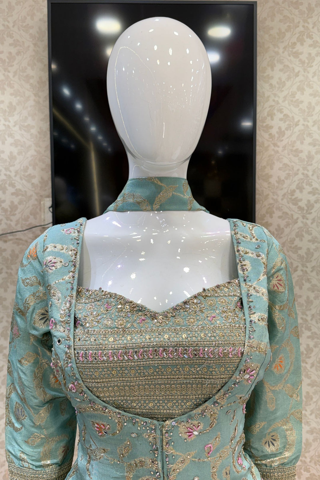 Sea Green Palazzo Set with Beads, Sequins and Zari work with Choker Dupatta