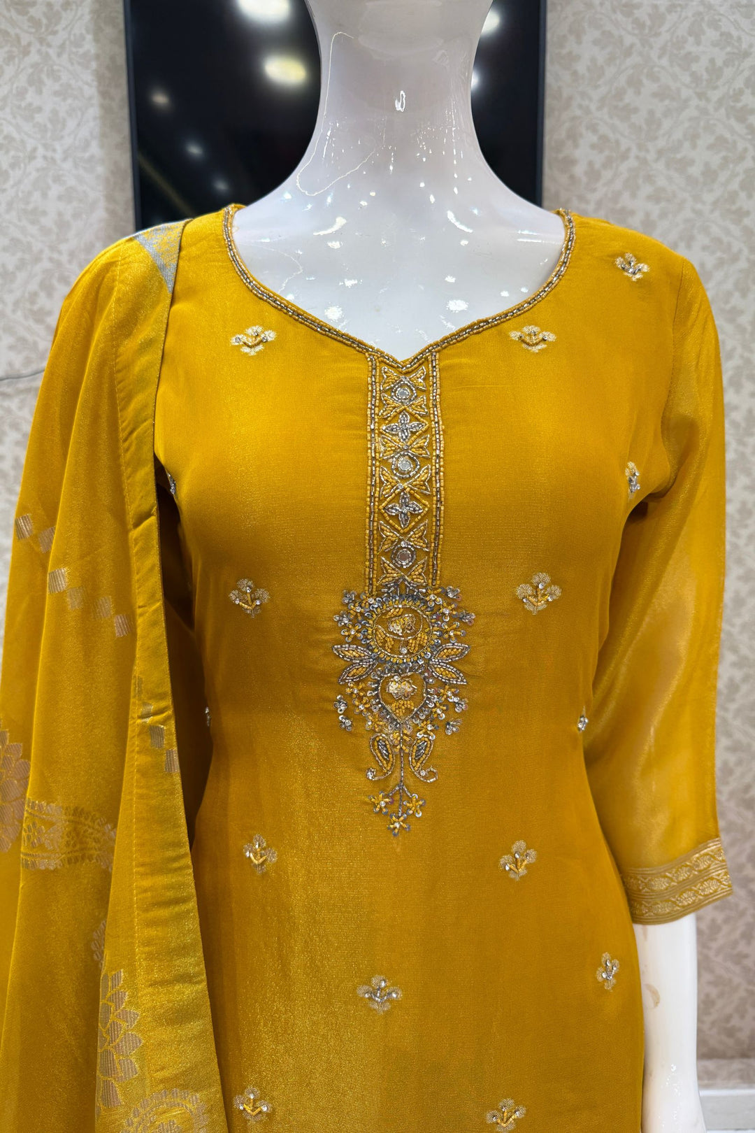 Yellow Beads, Mirror, Sequins, Jacquard and Stone work Straight Cut Salwar Suit