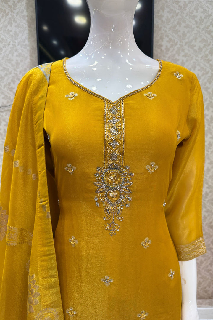 Yellow Beads, Mirror, Sequins, Jacquard and Stone work Straight Cut Salwar Suit