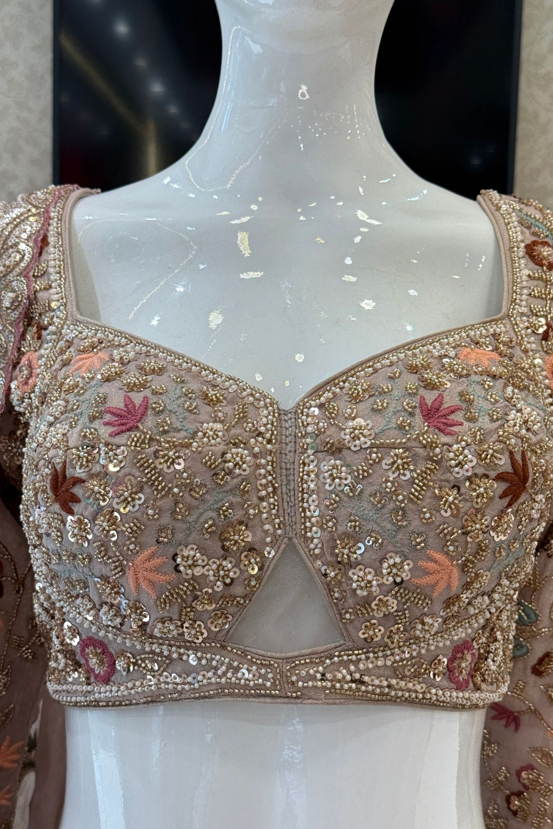 Beige Wedding Lehenga with Bird and Deer Motifs and Floral Bloom Embroidery with Belt