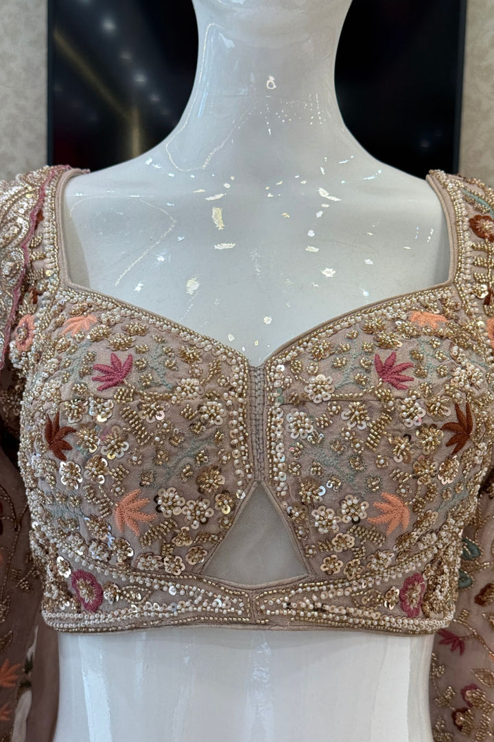 Beige Wedding Lehenga with Bird and Deer Motifs and Floral Bloom Embroidery with Belt