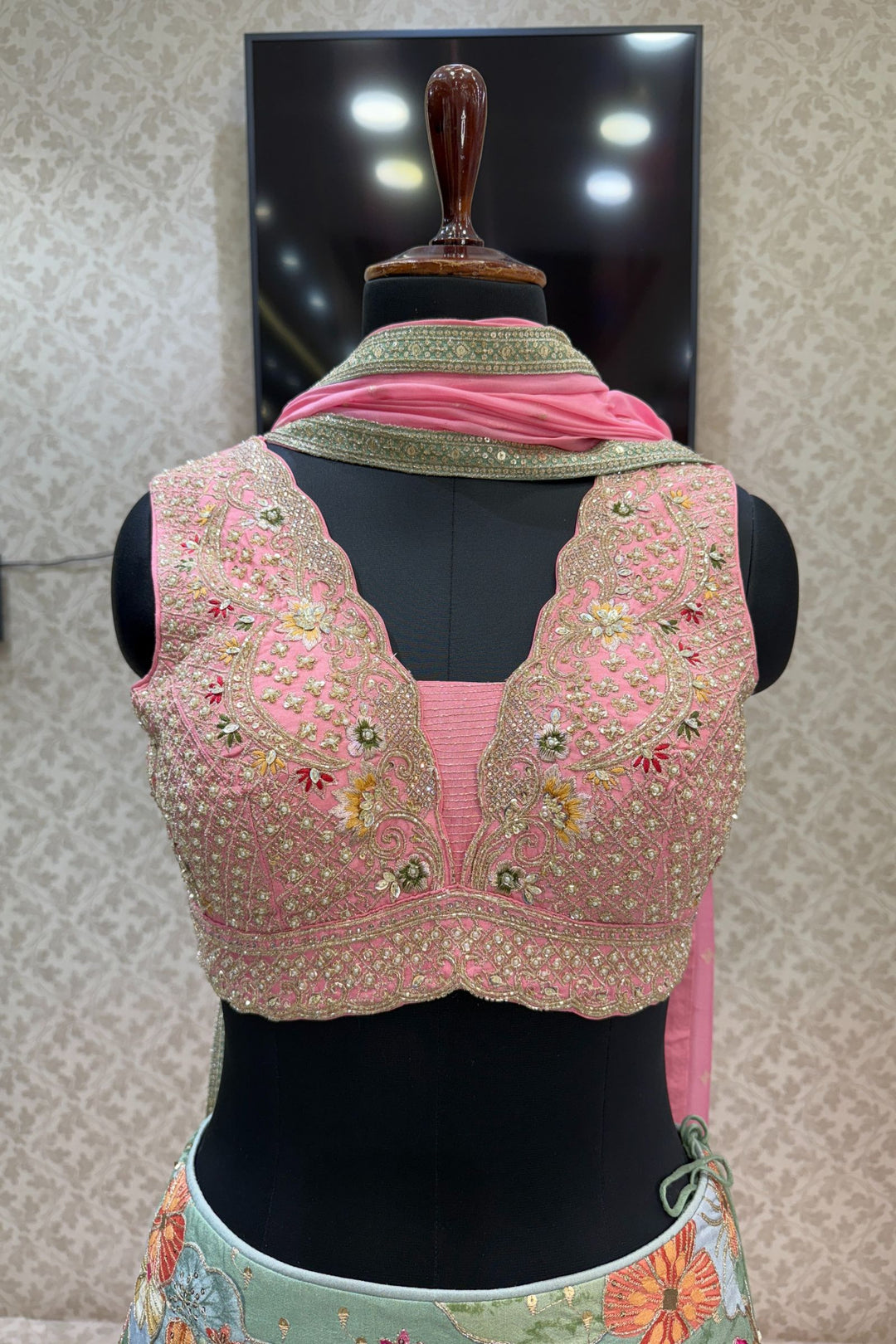 Pink with Light Green Floral Print, Beads, Zari and Sequins work Crop Top Lehenga