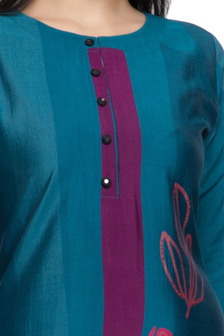 Peacock Blue Multicolor Digital Print Calf Length Kurti