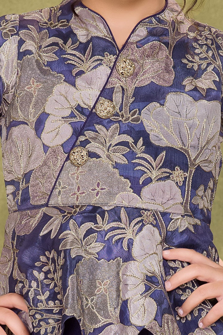 Purple Zari work with Digital Print Top with Cowl Skirt for Girls