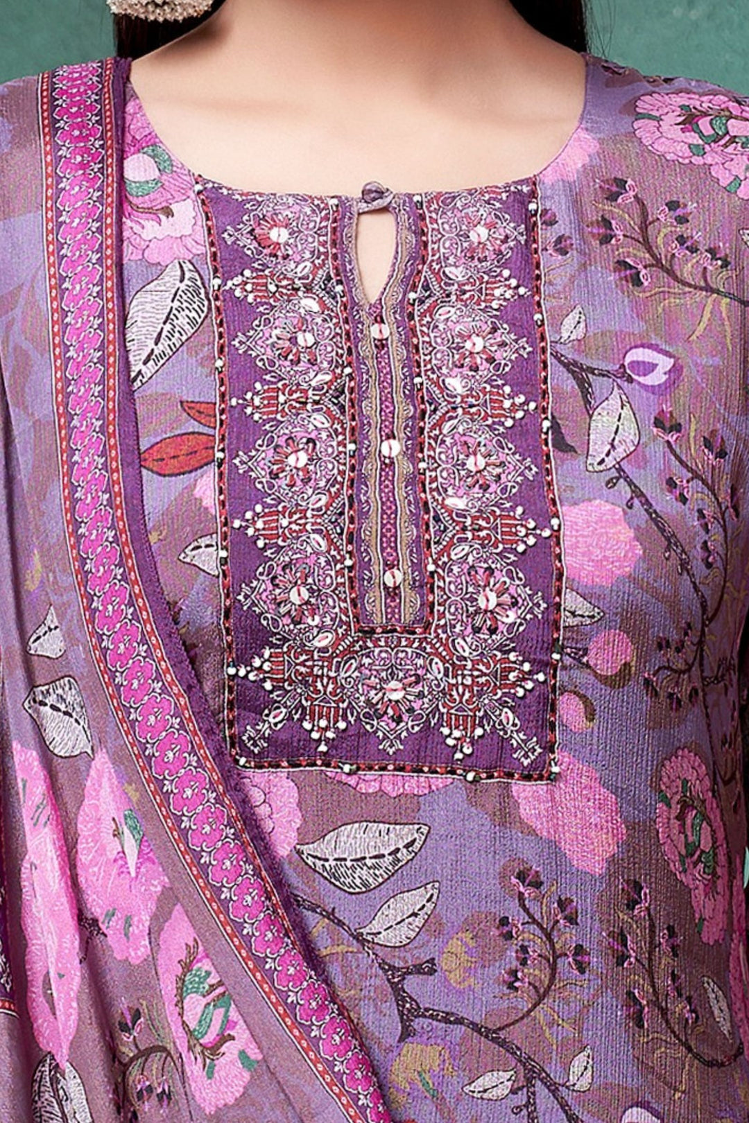 Purple Beads work with Floral Print Straight Cut Salwar Suit