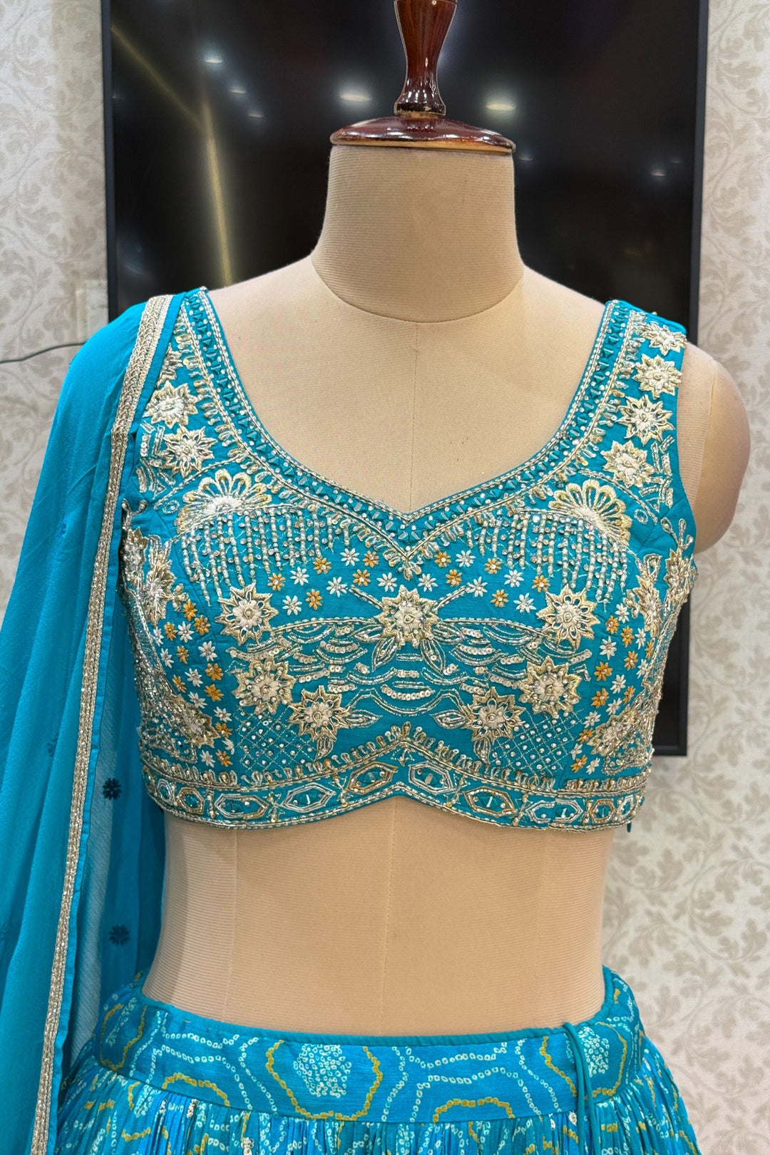 Rama Blue Stone, Zardozi, Sequins and Mirror work with Bandini Print Crop Top Lehenga