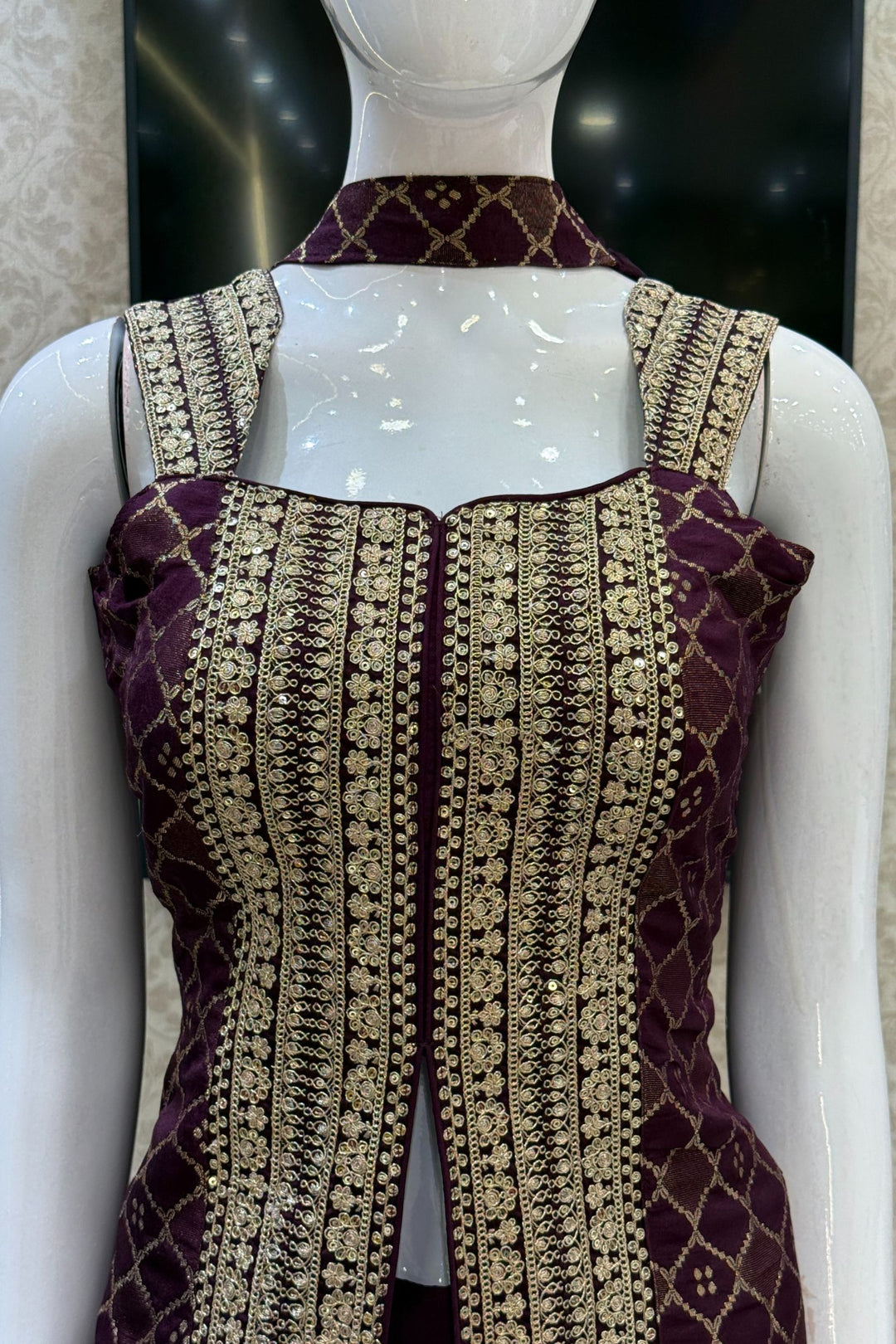 Wine Banaras Zari, Sequins and Zari Thread work Palazzo Suit Set