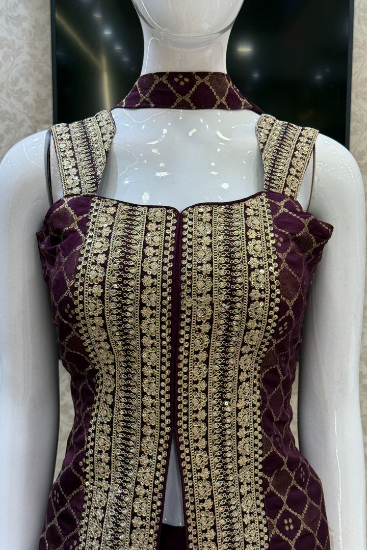 Wine Banaras Zari, Sequins and Zari Thread work Palazzo Suit Set