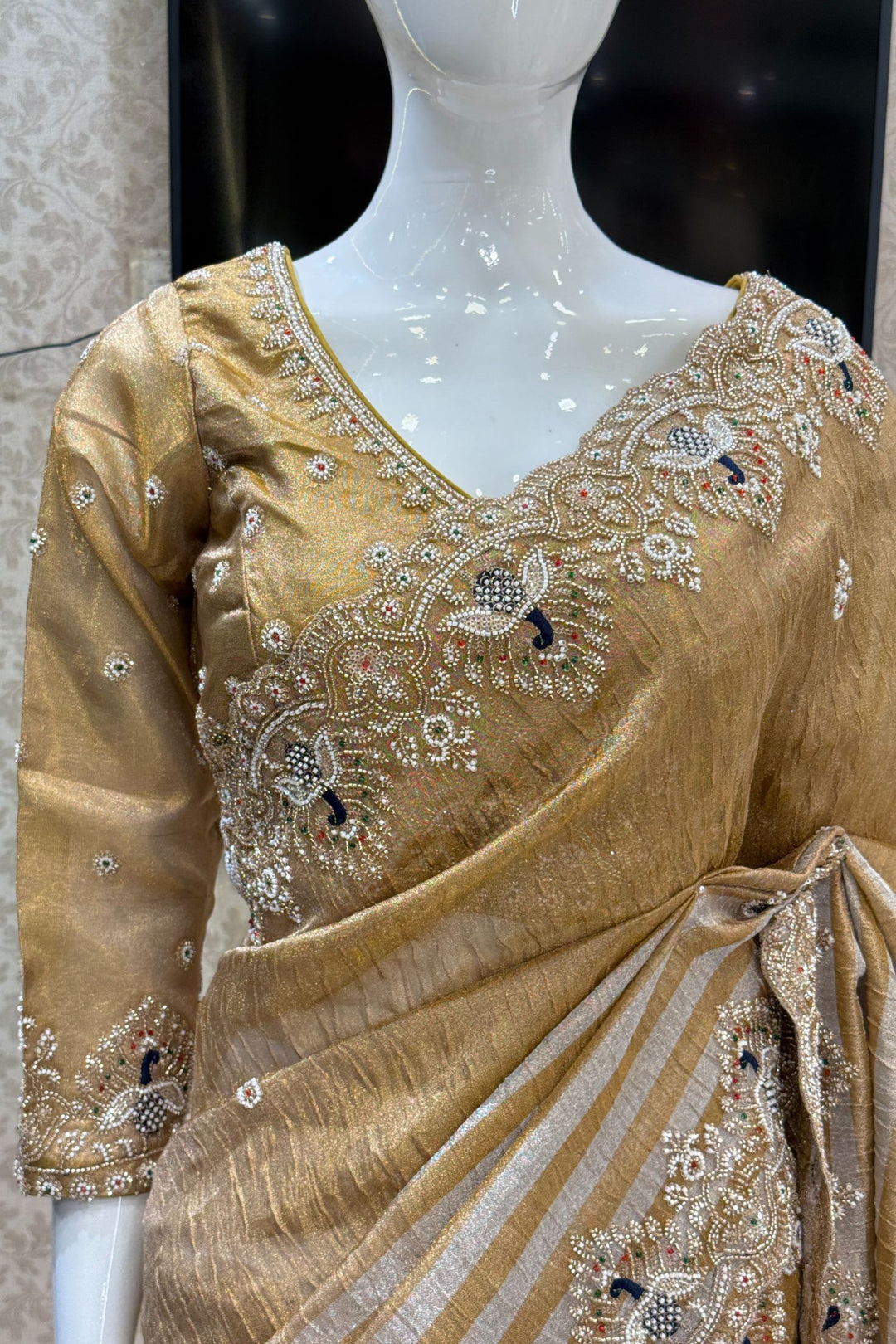 Gold Beads, Sequins, Zari and Thread work Saree