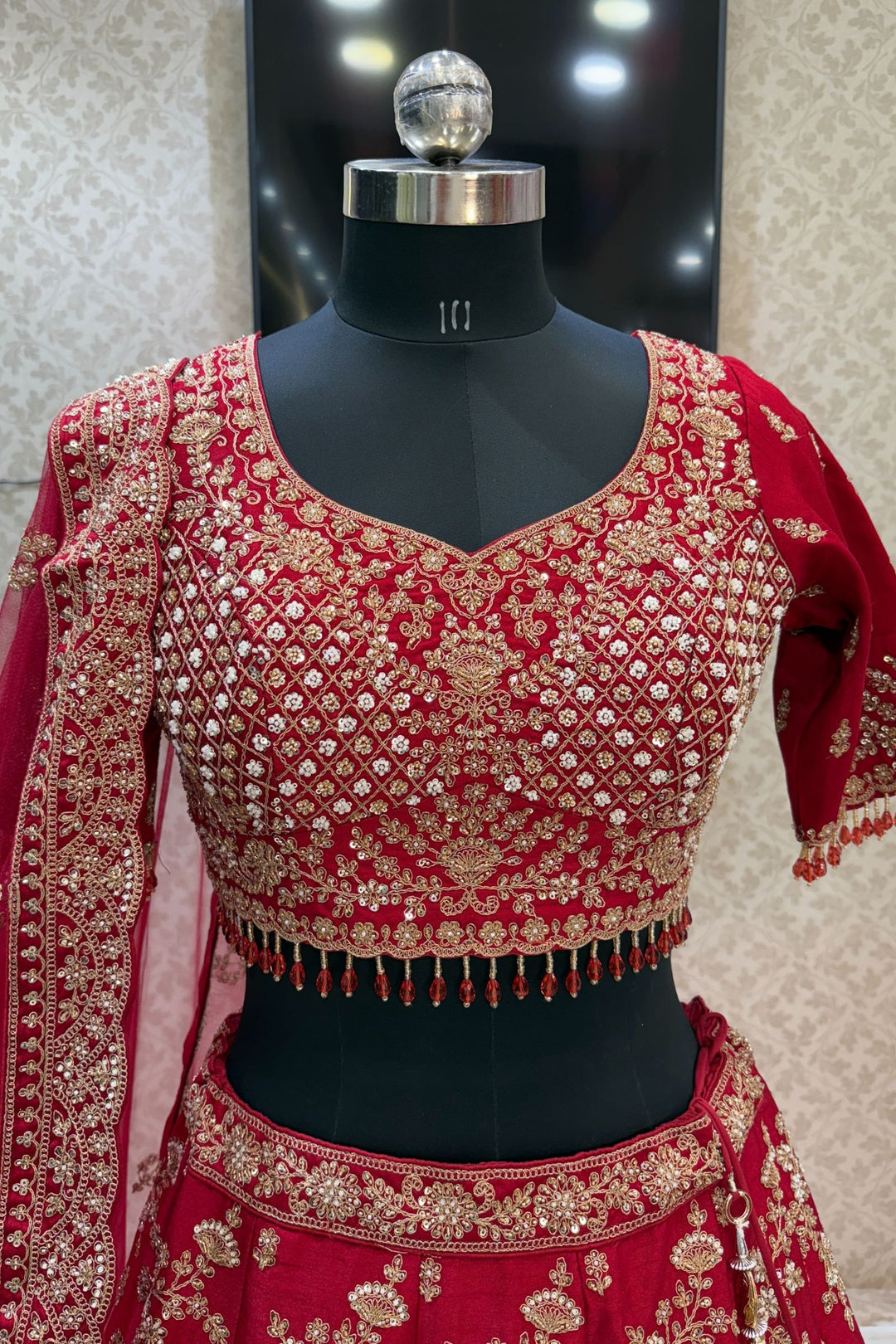 Maroon Beads, Zari, Zardozi and Sequins work Crop Top Designer Bridal Lehenga with Belt