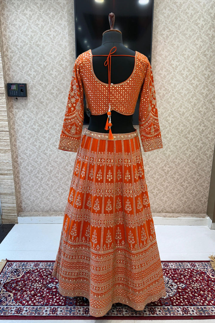 Orange Sequins and Zari work Crop Top Lehenga
