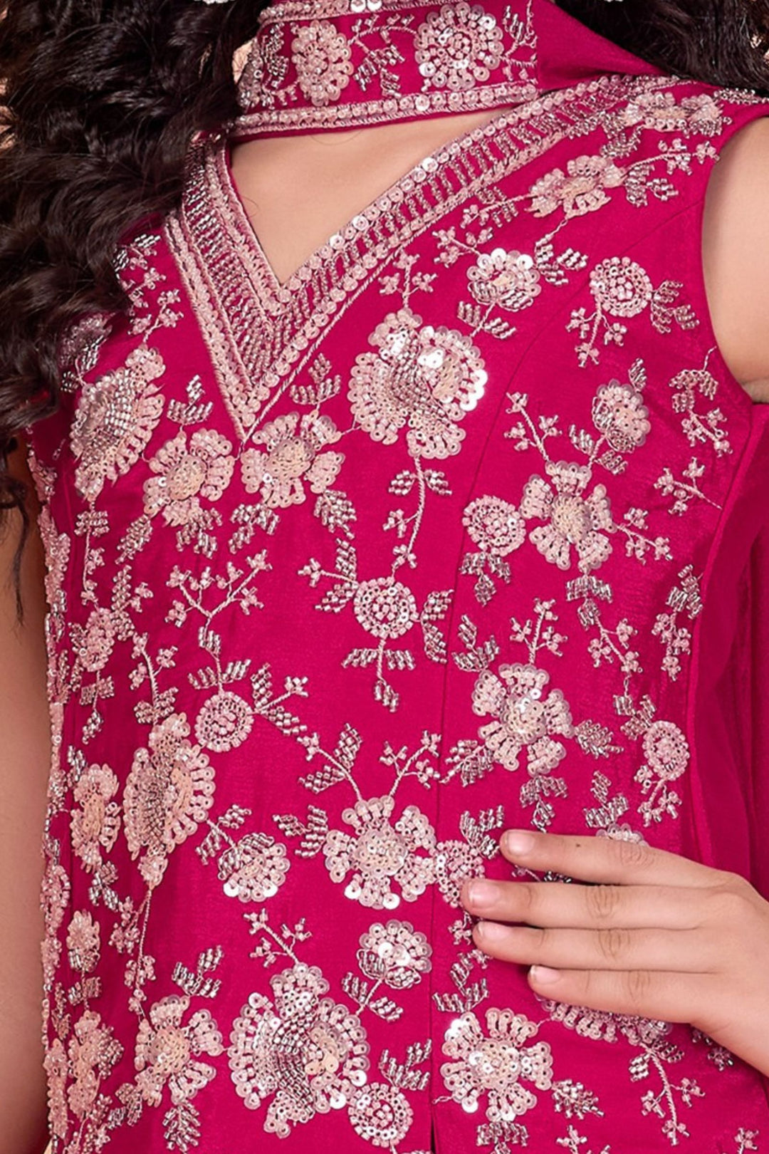 Rani Pink Sequins, Beads and Thread work Palazzo Suit Set for Girls