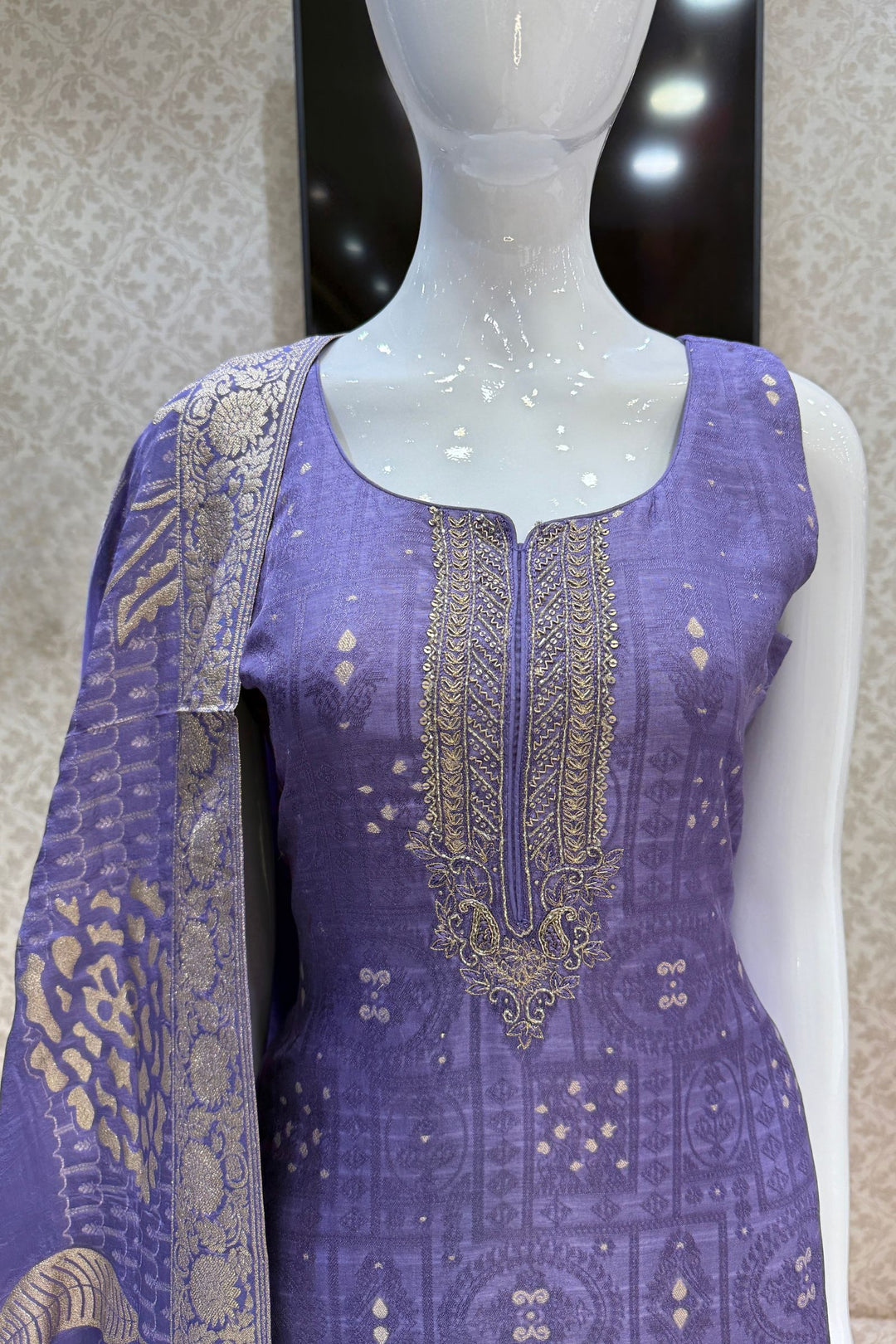 Lavender Beads, Sequins, Zardozi, Stone, Banaras and Jacquard work Straight Cut Salwar Suit