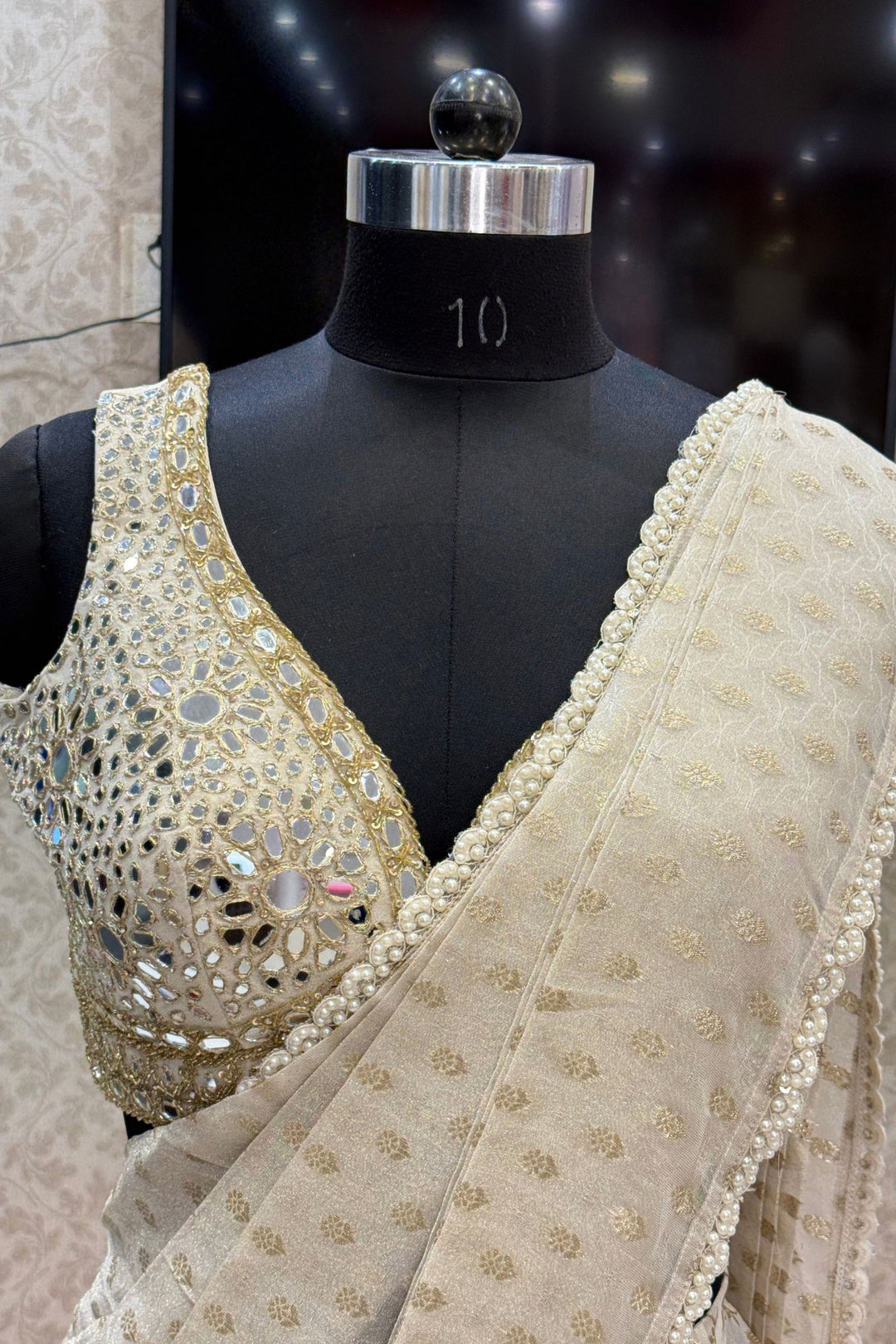 Cream Readymade Banaras work Saree with Mirror work Readymade Blouse