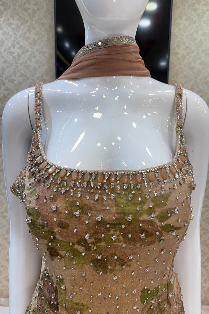Light Brown Floral Print Top and Flared Palazzo Set with Kundan and Beads work