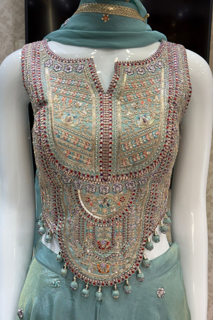 Sea Green Zari, Sequins and Multicolor Thread work Palazzo Suit Set
