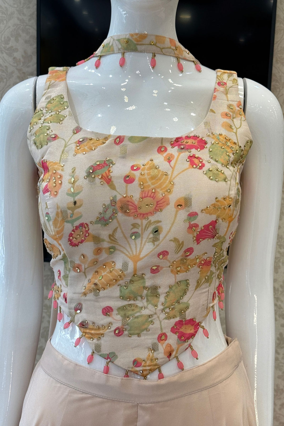 Cream Stone, Mirror and Beads work with Multicolor Digital Print Palazzo Suit Set