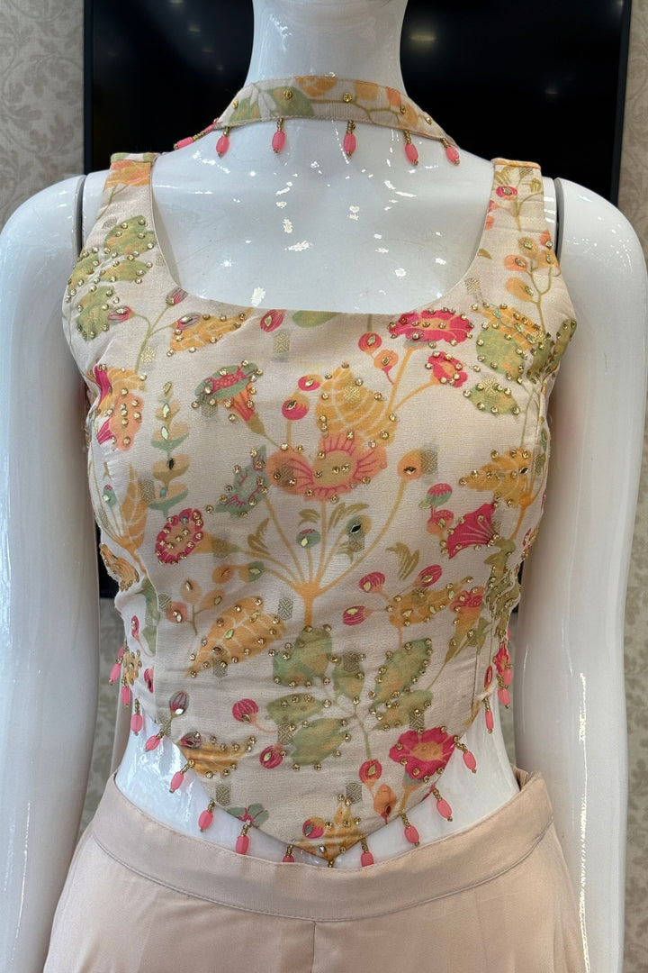 Cream Stone, Mirror and Beads work with Multicolor Digital Print Palazzo Suit Set