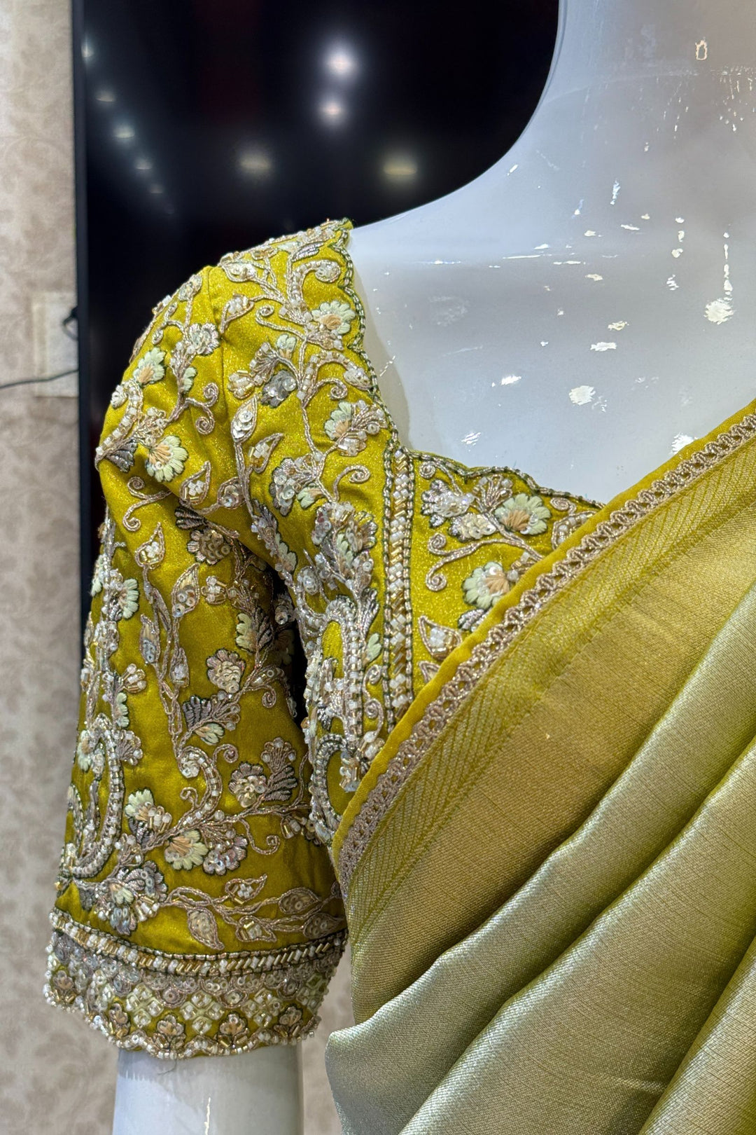 Pista Green Saree with Beads, Sequins, Zardozi and Zari work Readymade Blouse