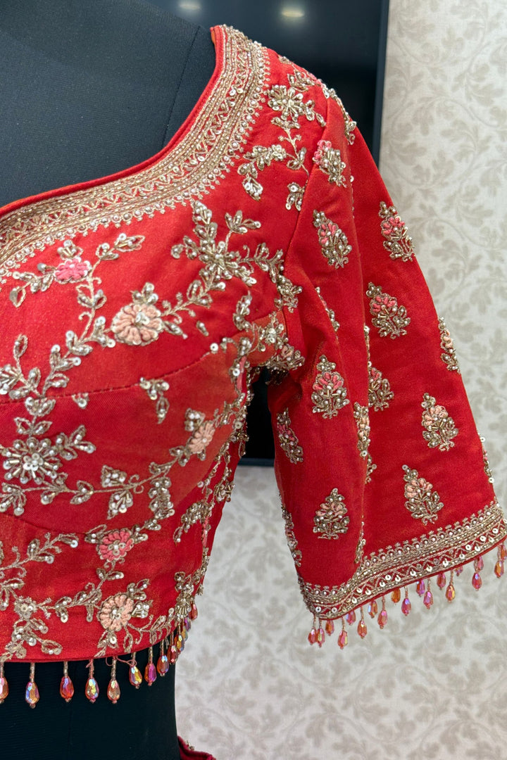 Tomato Red Beads, Zardozi, Sequins and Zari work Crop Top Designer Bridal Lehenga