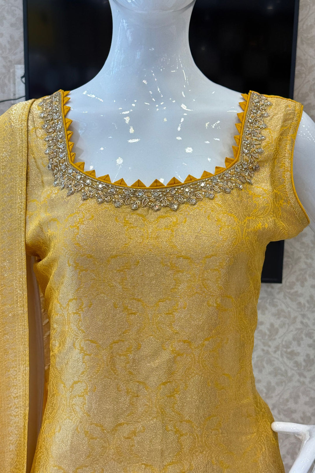 Yellow Beads, Mirror, Stone, Banaras and Brocade work Straight Cut Salwar Suit