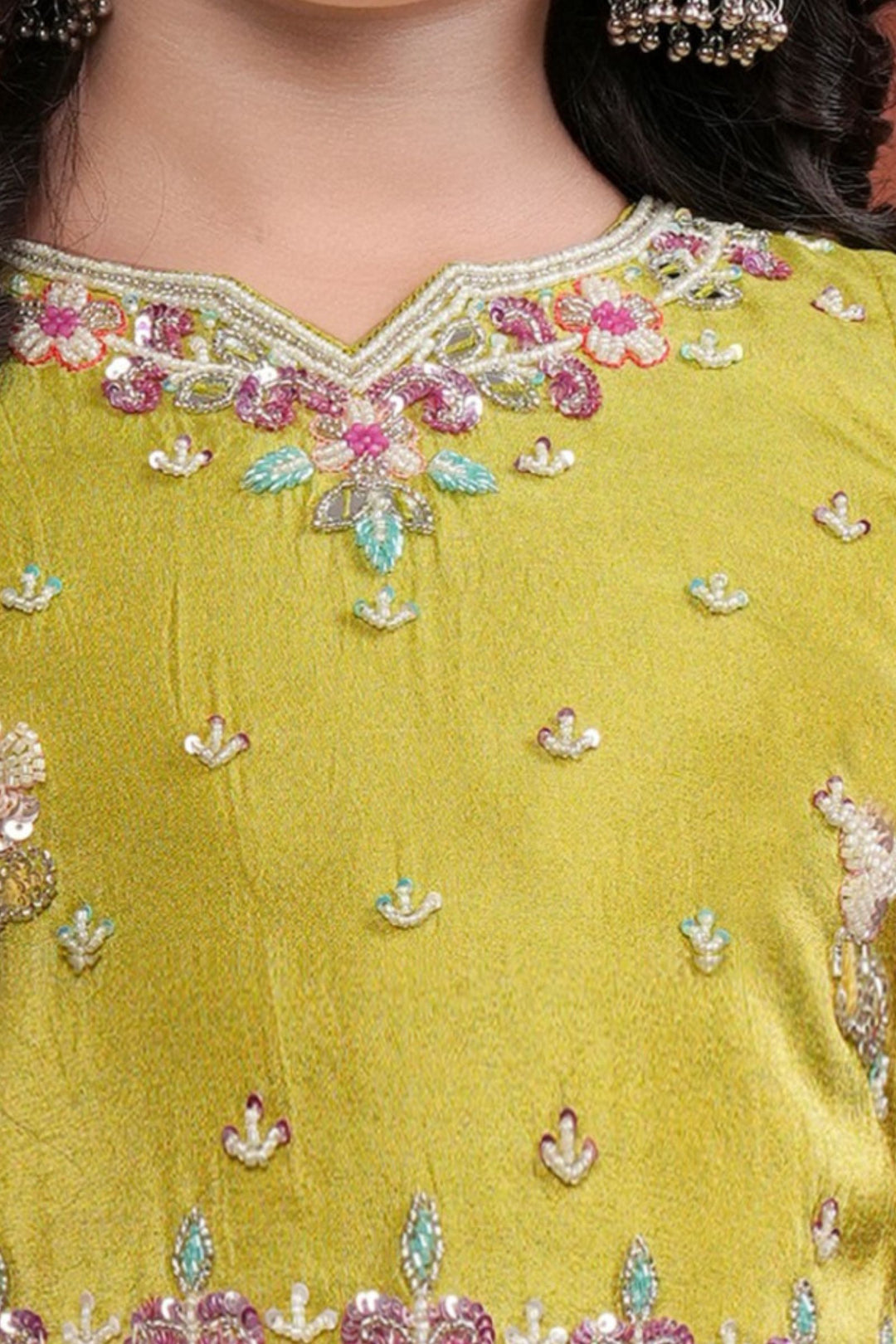 Lemon Green Beads and Sequins work Lehenga Choli for Girls