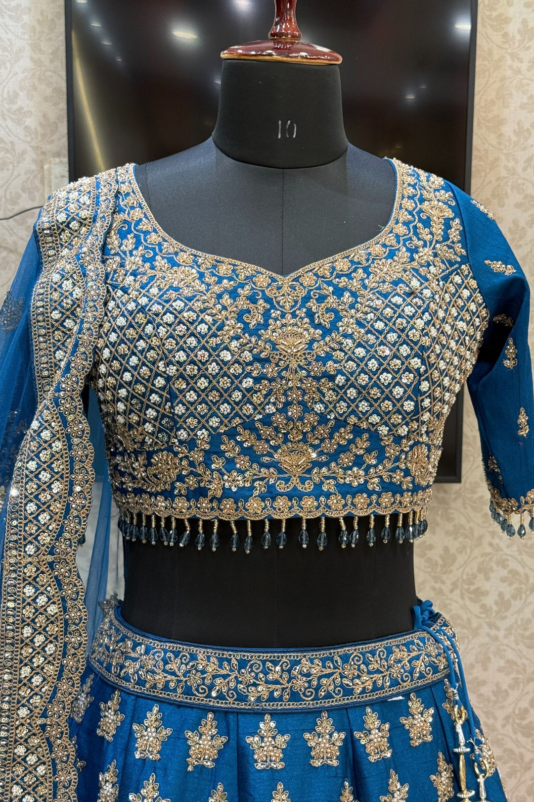 Teal Blue Beads, Zari, Zardozi and Sequins work Crop Top Designer Bridal Lehenga with Belt