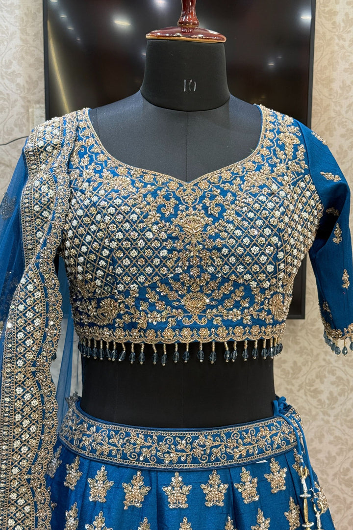 Teal Blue Beads, Zari, Zardozi and Sequins work Crop Top Designer Bridal Lehenga with Belt
