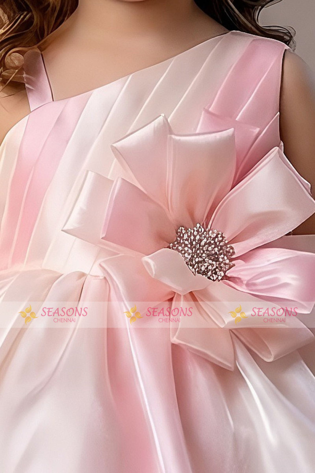 Half White with Pink Stone work Short Partywear Frock for Girls