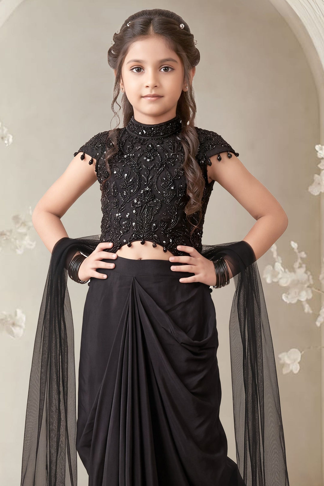 Black Beads and Sequins work Choli with Cowl Skirt for Girls