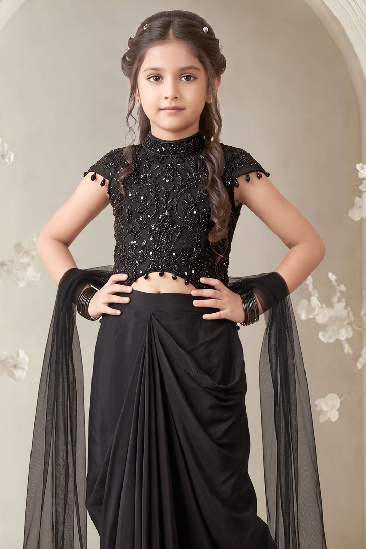 Black Beads and Sequins work Choli with Cowl Skirt for Girls