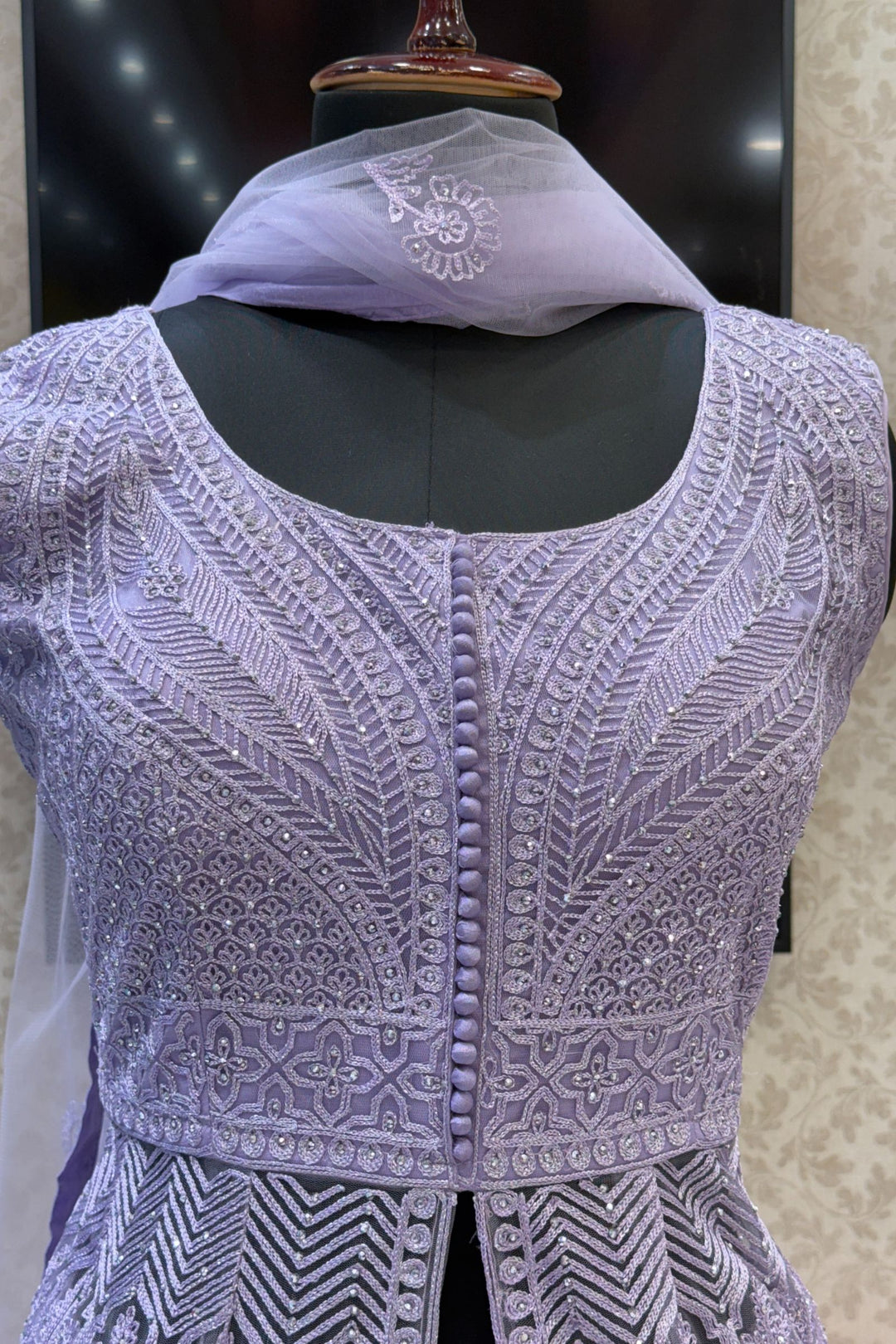 Lavender Zari Thread and Stone work Mastani Styled Long Top Lehenga