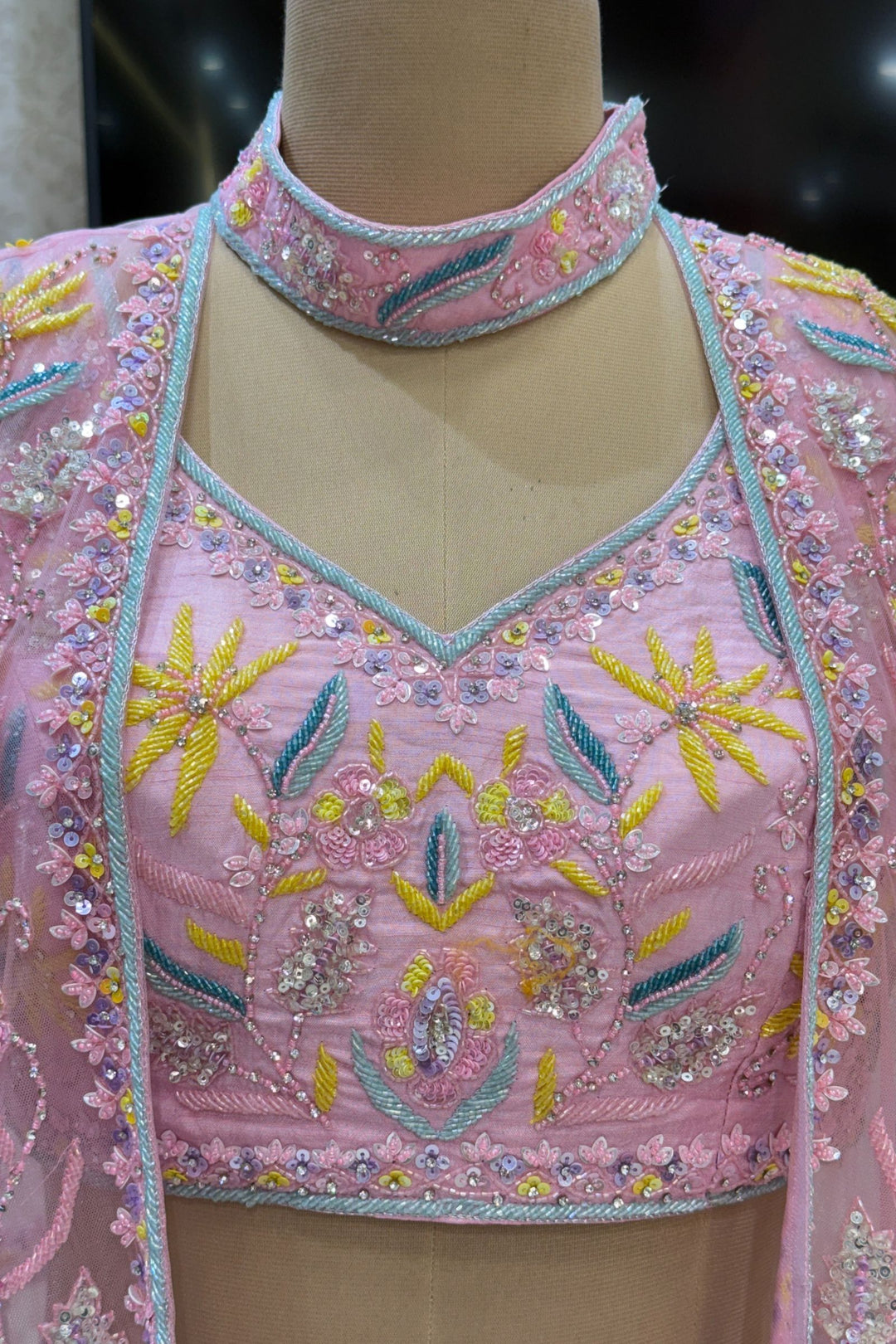 Light Pink Beads, Sequins and Stone work with Poncho Crop Top Lehenga