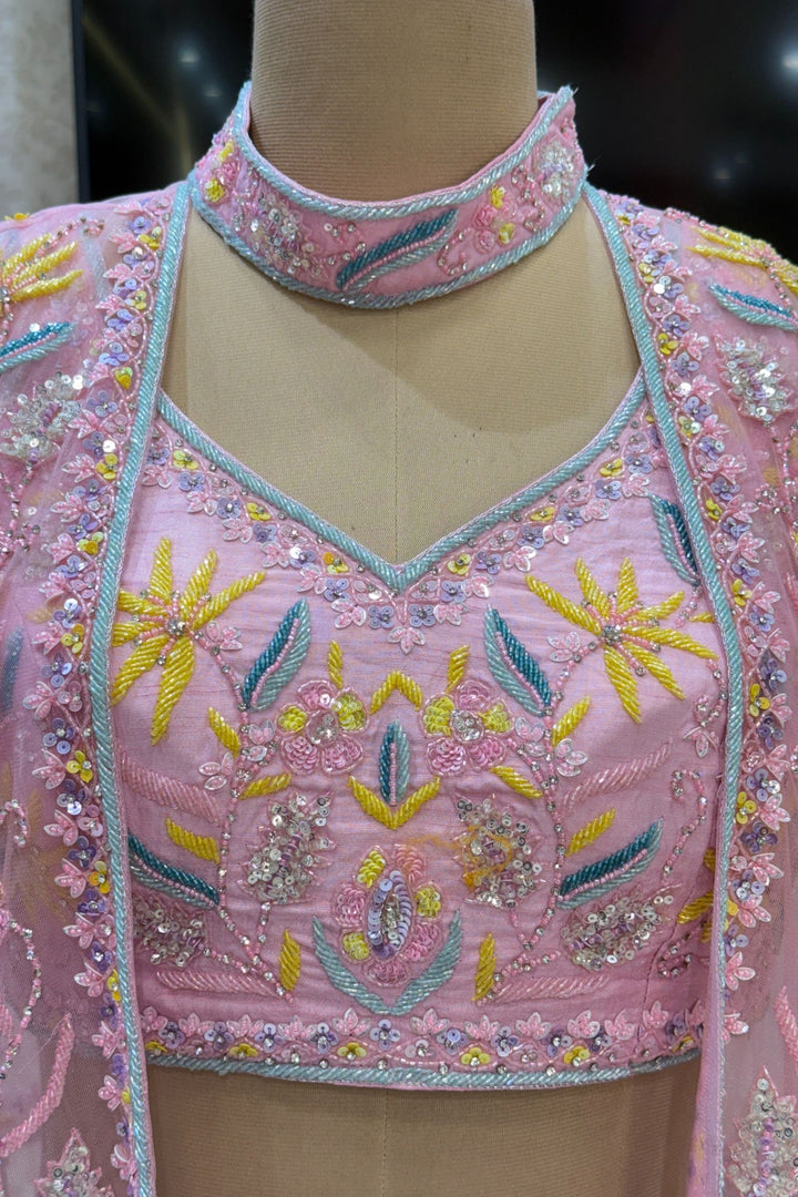 Light Pink Beads, Sequins and Stone work with Poncho Crop Top Lehenga