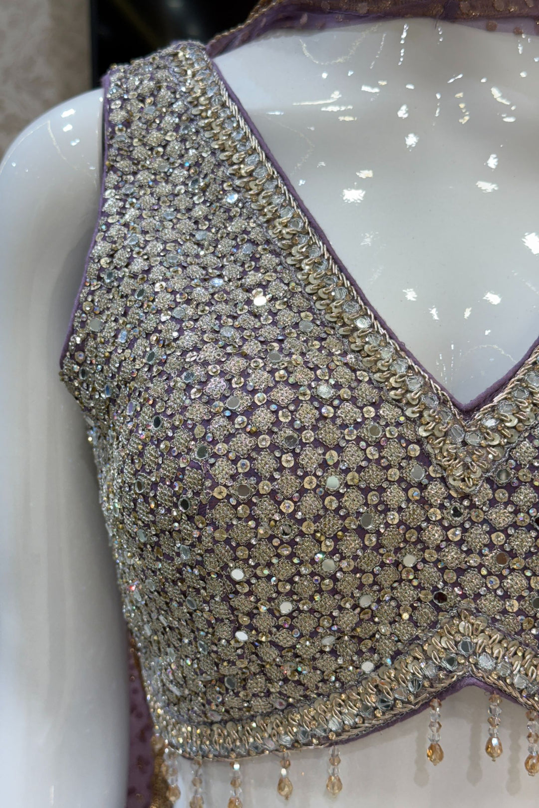 Lilac Zari, Sequins, Zardozi, Beads, Mirror and Stone work Crop Top with Palazzo Pant