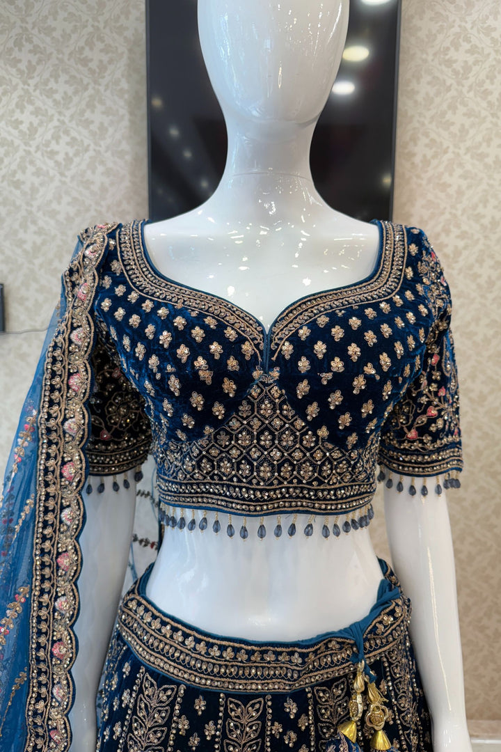 Peacock Blue Zardozi, Beads and Embroidery work Crop Top Designer Bridal Lehenga