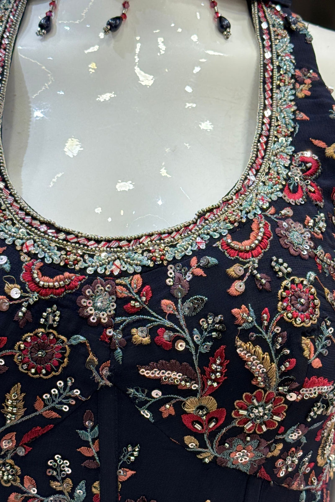 Navy Blue Beads, Sequins and Multicolor Embroidery work Palazzo Suit Set