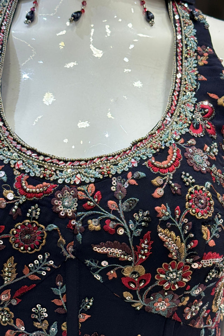 Navy Blue Beads, Sequins and Multicolor Embroidery work Palazzo Suit Set