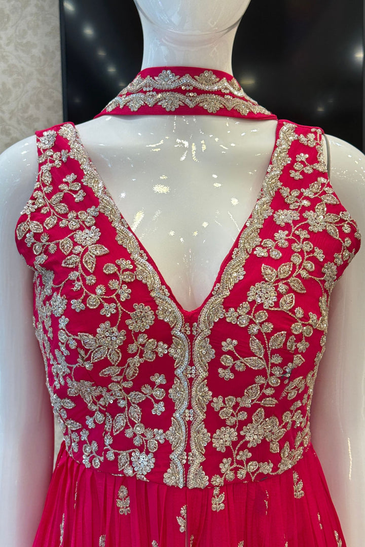 Rani Pink Flowy Palazzo with Zari, Sequins and Beads work with Choker Dupatta