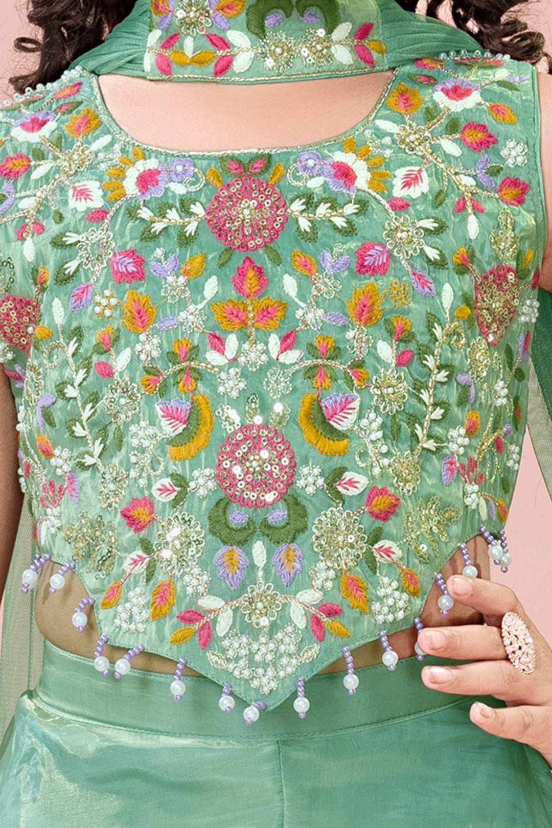 Sea Green Sequins, Beads and Multicolor Embroidery work Palazzo Suit Set for Girls