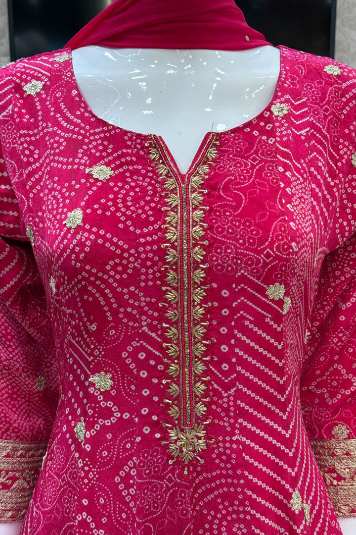 Rani Pink Zardozi, Stone, Sequins and Zari work with Bandini Print Anarkali Style Salwar