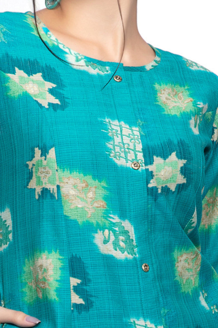 Rama Green Digital Print Aline Cut Calf Length Kurti